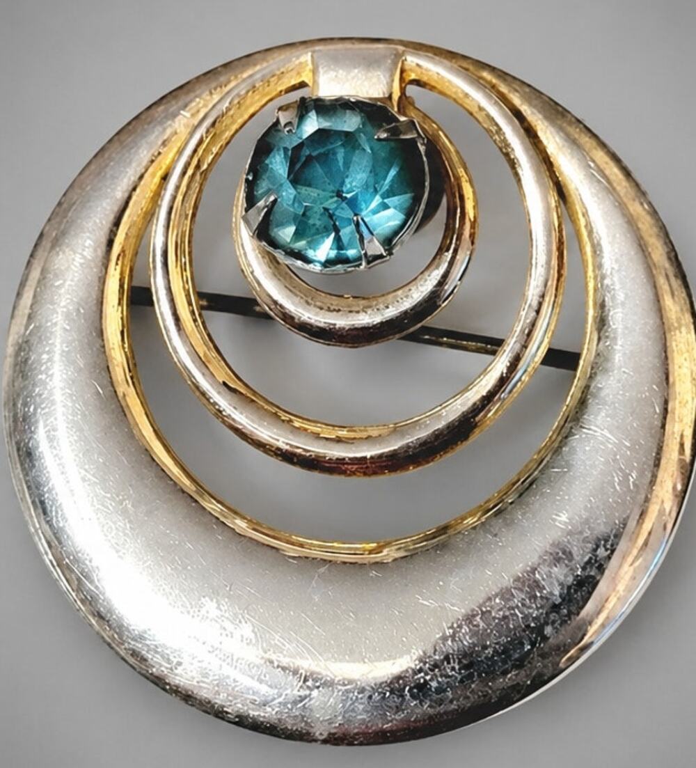 Vintage Sparkly Aqua Blue Rhinestone Circle Brooch Pin Pendant Mid-Century so-43